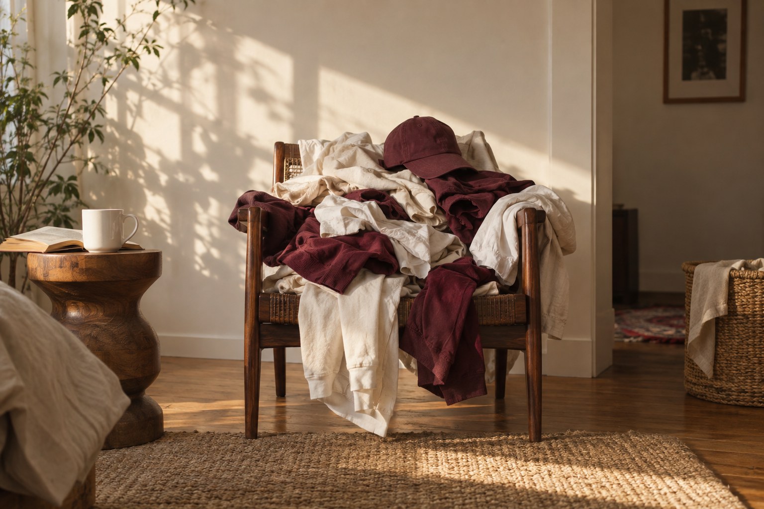 A burgundy cap and a pile of unfolded laundry on a sunlit chair